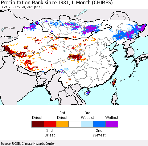 China, Mongolia and Taiwan Precipitation Rank since 1981, 1-Month (CHIRPS) Thematic Map For 10/21/2023 - 11/20/2023
