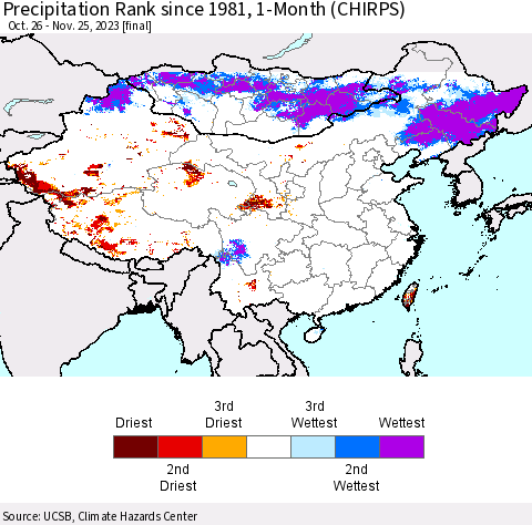 China, Mongolia and Taiwan Precipitation Rank since 1981, 1-Month (CHIRPS) Thematic Map For 10/26/2023 - 11/25/2023