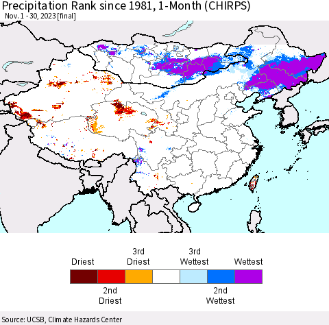 China, Mongolia and Taiwan Precipitation Rank since 1981, 1-Month (CHIRPS) Thematic Map For 11/1/2023 - 11/30/2023