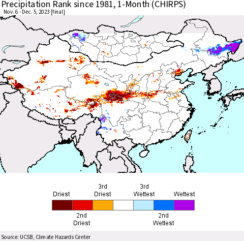 China, Mongolia and Taiwan Precipitation Rank since 1981, 1-Month (CHIRPS) Thematic Map For 11/6/2023 - 12/5/2023