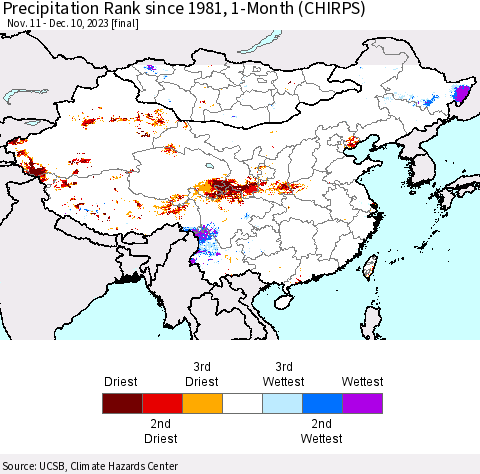 China, Mongolia and Taiwan Precipitation Rank since 1981, 1-Month (CHIRPS) Thematic Map For 11/11/2023 - 12/10/2023