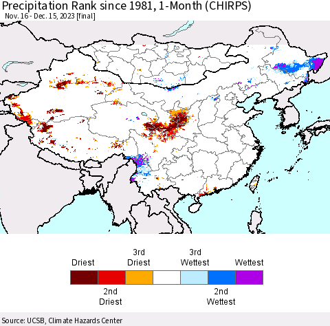 China, Mongolia and Taiwan Precipitation Rank since 1981, 1-Month (CHIRPS) Thematic Map For 11/16/2023 - 12/15/2023