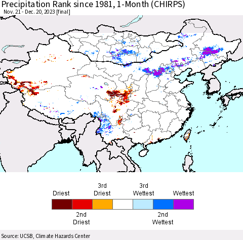 China, Mongolia and Taiwan Precipitation Rank since 1981, 1-Month (CHIRPS) Thematic Map For 11/21/2023 - 12/20/2023