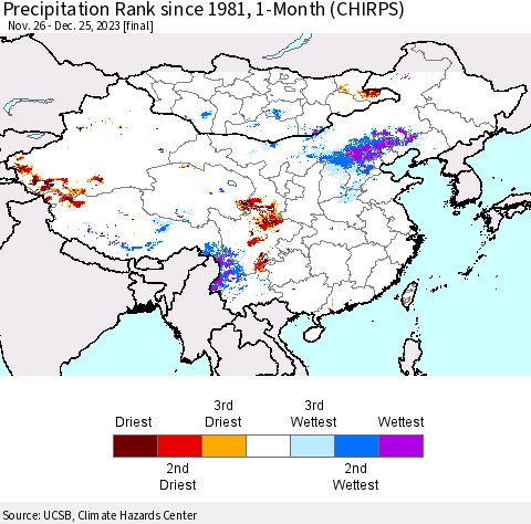 China, Mongolia and Taiwan Precipitation Rank since 1981, 1-Month (CHIRPS) Thematic Map For 11/26/2023 - 12/25/2023