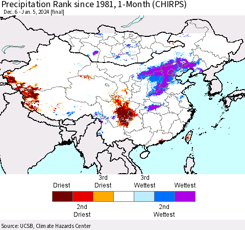 China, Mongolia and Taiwan Precipitation Rank since 1981, 1-Month (CHIRPS) Thematic Map For 12/6/2023 - 1/5/2024