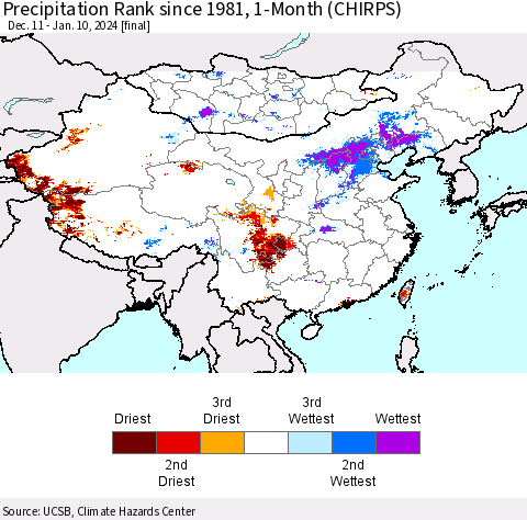 China, Mongolia and Taiwan Precipitation Rank since 1981, 1-Month (CHIRPS) Thematic Map For 12/11/2023 - 1/10/2024