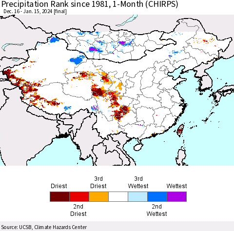 China, Mongolia and Taiwan Precipitation Rank since 1981, 1-Month (CHIRPS) Thematic Map For 12/16/2023 - 1/15/2024