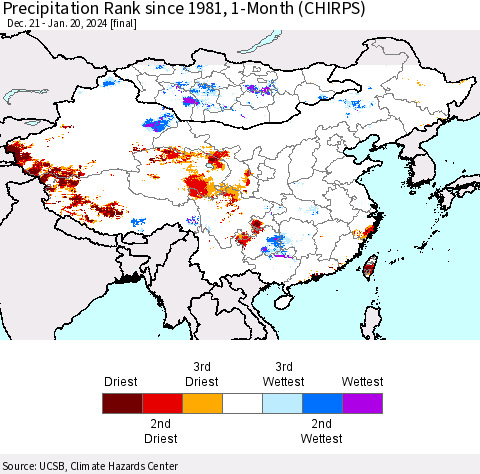 China, Mongolia and Taiwan Precipitation Rank since 1981, 1-Month (CHIRPS) Thematic Map For 12/21/2023 - 1/20/2024