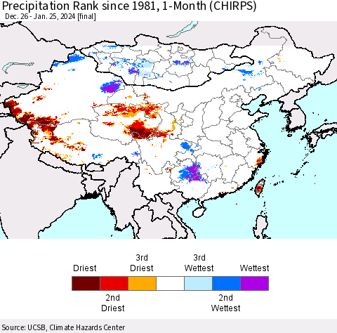 China, Mongolia and Taiwan Precipitation Rank since 1981, 1-Month (CHIRPS) Thematic Map For 12/26/2023 - 1/25/2024