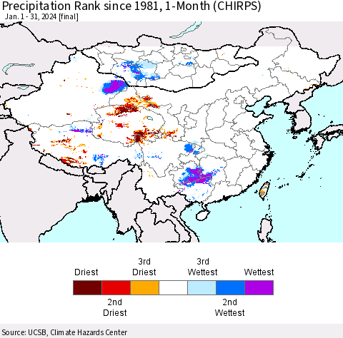China, Mongolia and Taiwan Precipitation Rank since 1981, 1-Month (CHIRPS) Thematic Map For 1/1/2024 - 1/31/2024