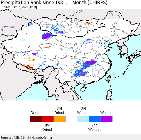 China, Mongolia and Taiwan Precipitation Rank since 1981, 1-Month (CHIRPS) Thematic Map For 1/6/2024 - 2/5/2024