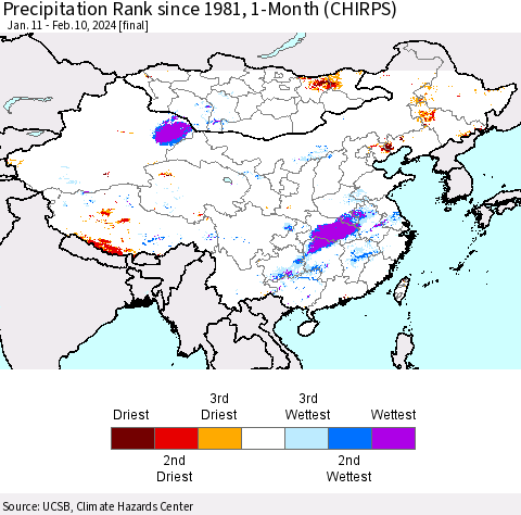 China, Mongolia and Taiwan Precipitation Rank since 1981, 1-Month (CHIRPS) Thematic Map For 1/11/2024 - 2/10/2024