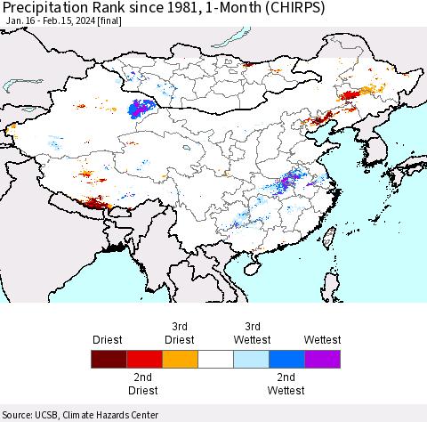 China, Mongolia and Taiwan Precipitation Rank since 1981, 1-Month (CHIRPS) Thematic Map For 1/16/2024 - 2/15/2024