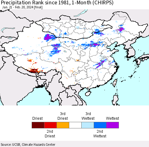 China, Mongolia and Taiwan Precipitation Rank since 1981, 1-Month (CHIRPS) Thematic Map For 1/21/2024 - 2/20/2024