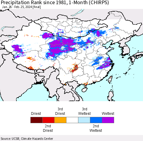 China, Mongolia and Taiwan Precipitation Rank since 1981, 1-Month (CHIRPS) Thematic Map For 1/26/2024 - 2/25/2024