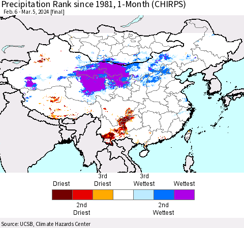 China, Mongolia and Taiwan Precipitation Rank since 1981, 1-Month (CHIRPS) Thematic Map For 2/6/2024 - 3/5/2024