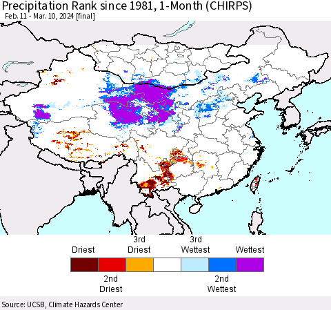 China, Mongolia and Taiwan Precipitation Rank since 1981, 1-Month (CHIRPS) Thematic Map For 2/11/2024 - 3/10/2024