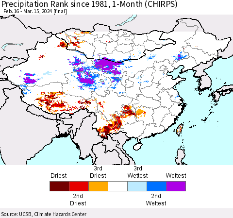 China, Mongolia and Taiwan Precipitation Rank since 1981, 1-Month (CHIRPS) Thematic Map For 2/16/2024 - 3/15/2024
