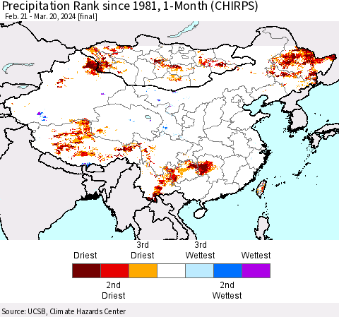 China, Mongolia and Taiwan Precipitation Rank since 1981, 1-Month (CHIRPS) Thematic Map For 2/21/2024 - 3/20/2024