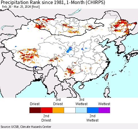 China, Mongolia and Taiwan Precipitation Rank since 1981, 1-Month (CHIRPS) Thematic Map For 2/26/2024 - 3/25/2024