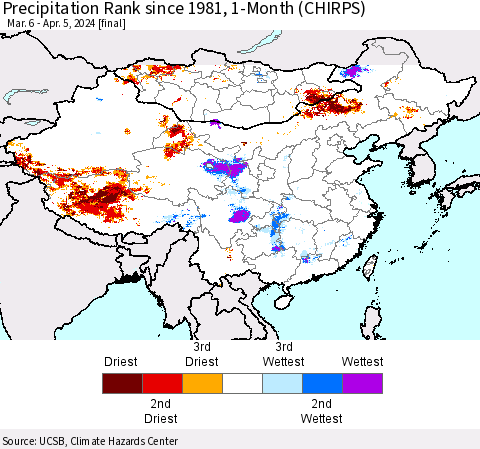 China, Mongolia and Taiwan Precipitation Rank since 1981, 1-Month (CHIRPS) Thematic Map For 3/6/2024 - 4/5/2024