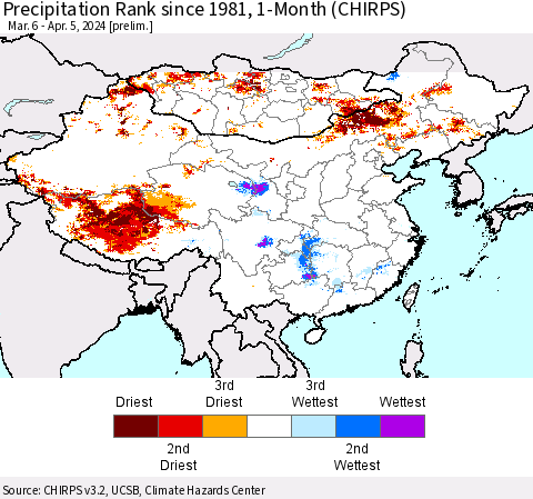 China, Mongolia and Taiwan Precipitation Rank since 1981, 1-Month (CHIRPS) Thematic Map For 3/6/2024 - 4/5/2024
