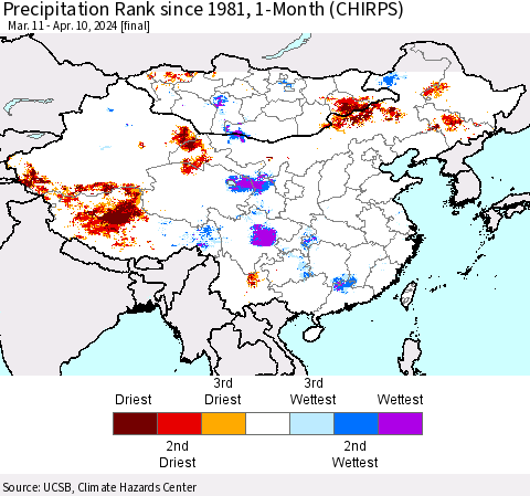 China, Mongolia and Taiwan Precipitation Rank since 1981, 1-Month (CHIRPS) Thematic Map For 3/11/2024 - 4/10/2024