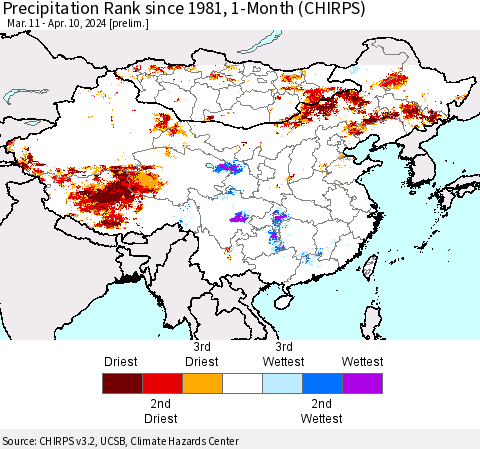 China, Mongolia and Taiwan Precipitation Rank since 1981, 1-Month (CHIRPS) Thematic Map For 3/11/2024 - 4/10/2024
