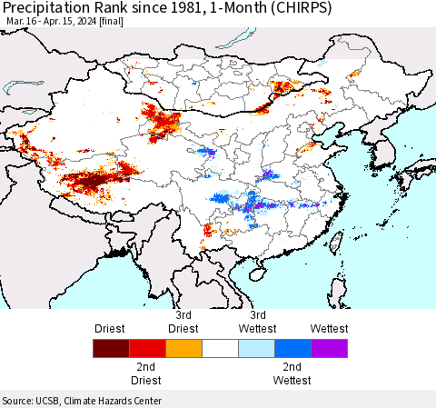 China, Mongolia and Taiwan Precipitation Rank since 1981, 1-Month (CHIRPS) Thematic Map For 3/16/2024 - 4/15/2024