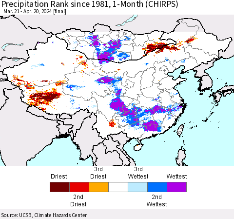 China, Mongolia and Taiwan Precipitation Rank since 1981, 1-Month (CHIRPS) Thematic Map For 3/21/2024 - 4/20/2024