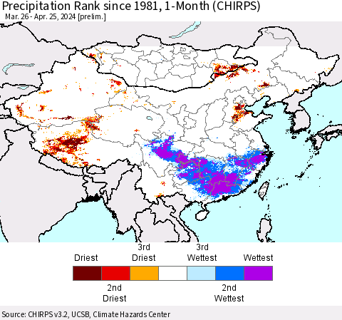 China, Mongolia and Taiwan Precipitation Rank since 1981, 1-Month (CHIRPS) Thematic Map For 3/26/2024 - 4/25/2024