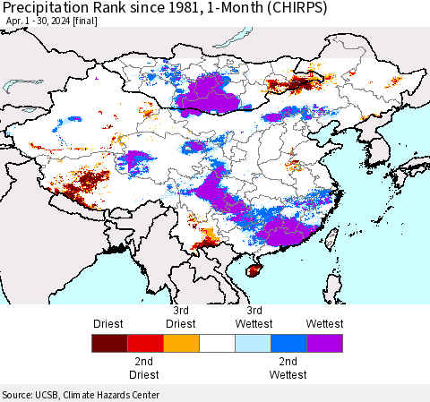 China, Mongolia and Taiwan Precipitation Rank since 1981, 1-Month (CHIRPS) Thematic Map For 4/1/2024 - 4/30/2024