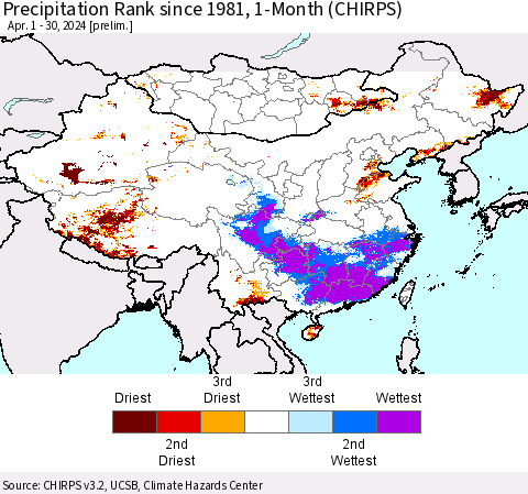 China, Mongolia and Taiwan Precipitation Rank since 1981, 1-Month (CHIRPS) Thematic Map For 4/1/2024 - 4/30/2024