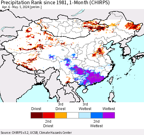 China, Mongolia and Taiwan Precipitation Rank since 1981, 1-Month (CHIRPS) Thematic Map For 4/6/2024 - 5/5/2024