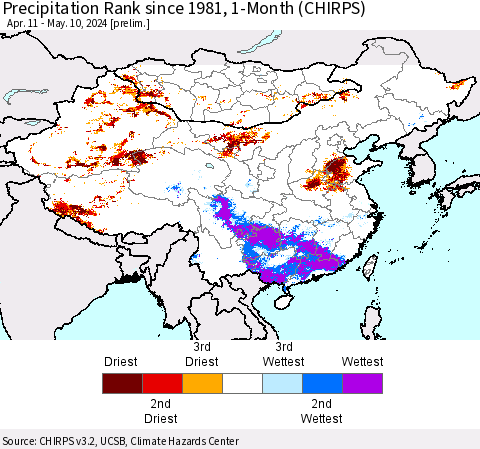 China, Mongolia and Taiwan Precipitation Rank since 1981, 1-Month (CHIRPS) Thematic Map For 4/11/2024 - 5/10/2024