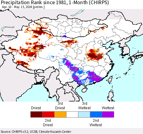 China, Mongolia and Taiwan Precipitation Rank since 1981, 1-Month (CHIRPS) Thematic Map For 4/16/2024 - 5/15/2024