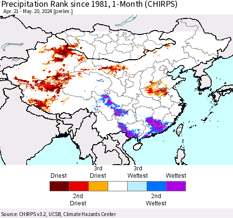 China, Mongolia and Taiwan Precipitation Rank since 1981, 1-Month (CHIRPS) Thematic Map For 4/21/2024 - 5/20/2024