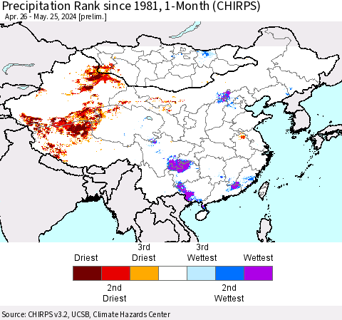 China, Mongolia and Taiwan Precipitation Rank since 1981, 1-Month (CHIRPS) Thematic Map For 4/26/2024 - 5/25/2024