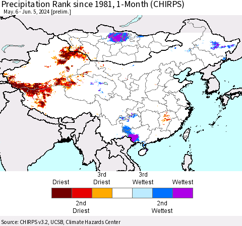 China, Mongolia and Taiwan Precipitation Rank since 1981, 1-Month (CHIRPS) Thematic Map For 5/6/2024 - 6/5/2024