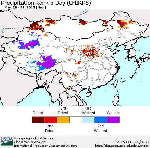 China and Taiwan Precipitation Rank 5-Day (CHIRPS) Thematic Map For 3/26/2019 - 3/31/2019