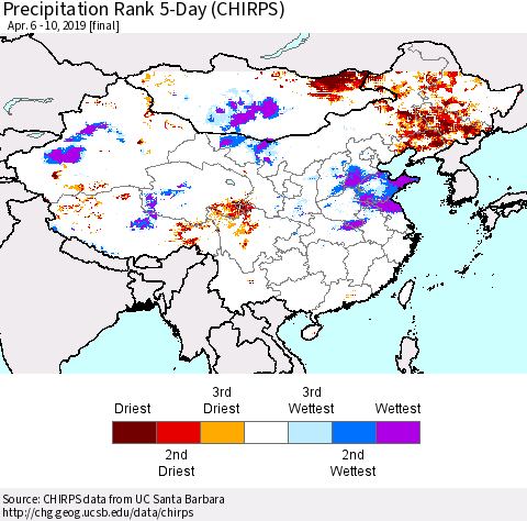 China and Taiwan Precipitation Rank 5-Day (CHIRPS) Thematic Map For 4/6/2019 - 4/10/2019