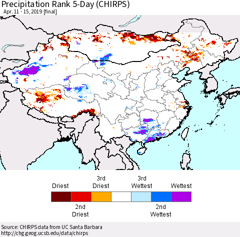 China and Taiwan Precipitation Rank 5-Day (CHIRPS) Thematic Map For 4/11/2019 - 4/15/2019