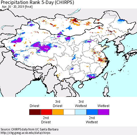 China and Taiwan Precipitation Rank 5-Day (CHIRPS) Thematic Map For 4/16/2019 - 4/20/2019