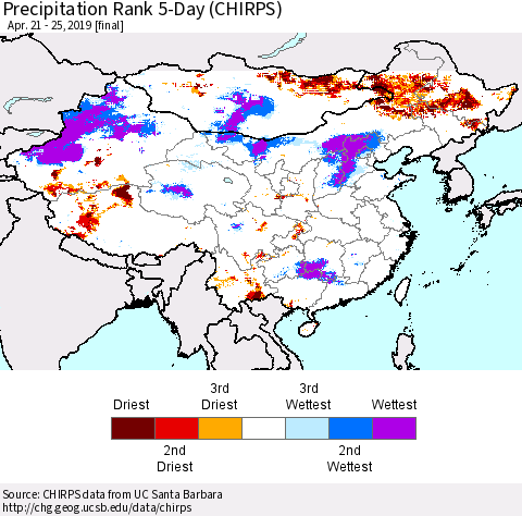 China and Taiwan Precipitation Rank 5-Day (CHIRPS) Thematic Map For 4/21/2019 - 4/25/2019
