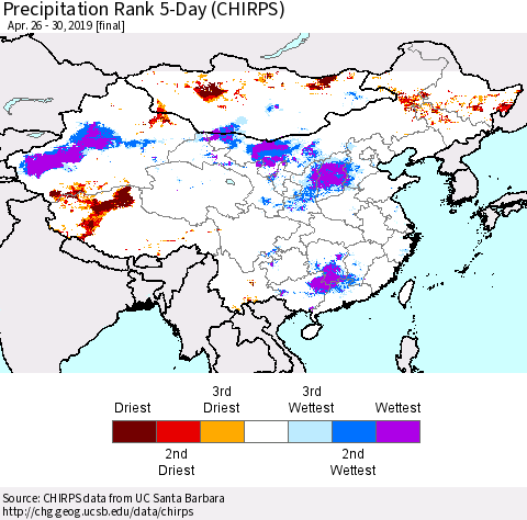 China and Taiwan Precipitation Rank 5-Day (CHIRPS) Thematic Map For 4/26/2019 - 4/30/2019
