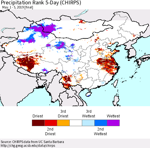 China, Mongolia and Taiwan Precipitation Rank since 1981, 5-Day (CHIRPS) Thematic Map For 5/1/2019 - 5/5/2019