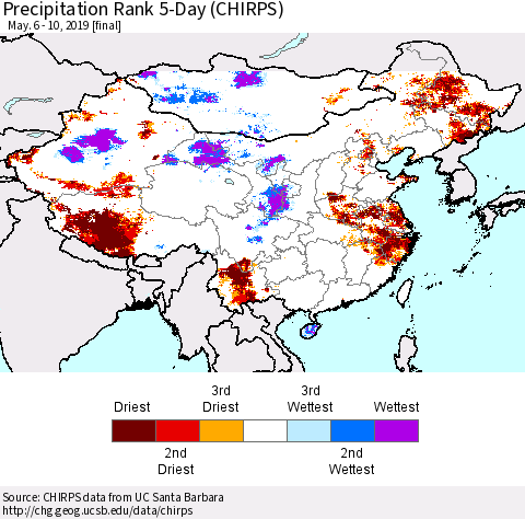 China and Taiwan Precipitation Rank 5-Day (CHIRPS) Thematic Map For 5/6/2019 - 5/10/2019