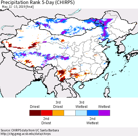 China, Mongolia and Taiwan Precipitation Rank since 1981, 5-Day (CHIRPS) Thematic Map For 5/11/2019 - 5/15/2019