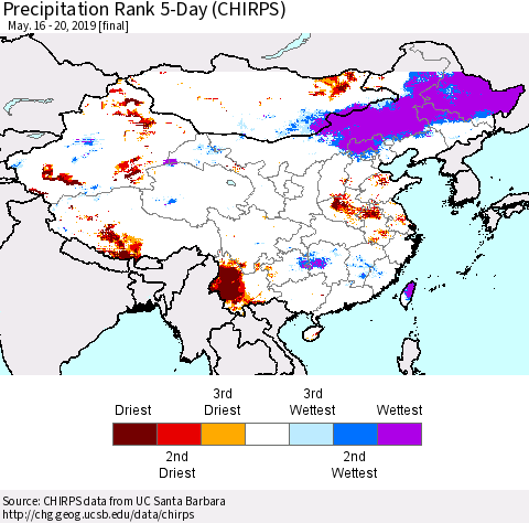 China and Taiwan Precipitation Rank 5-Day (CHIRPS) Thematic Map For 5/16/2019 - 5/20/2019