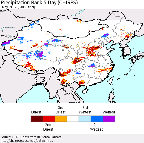 China and Taiwan Precipitation Rank 5-Day (CHIRPS) Thematic Map For 5/21/2019 - 5/25/2019